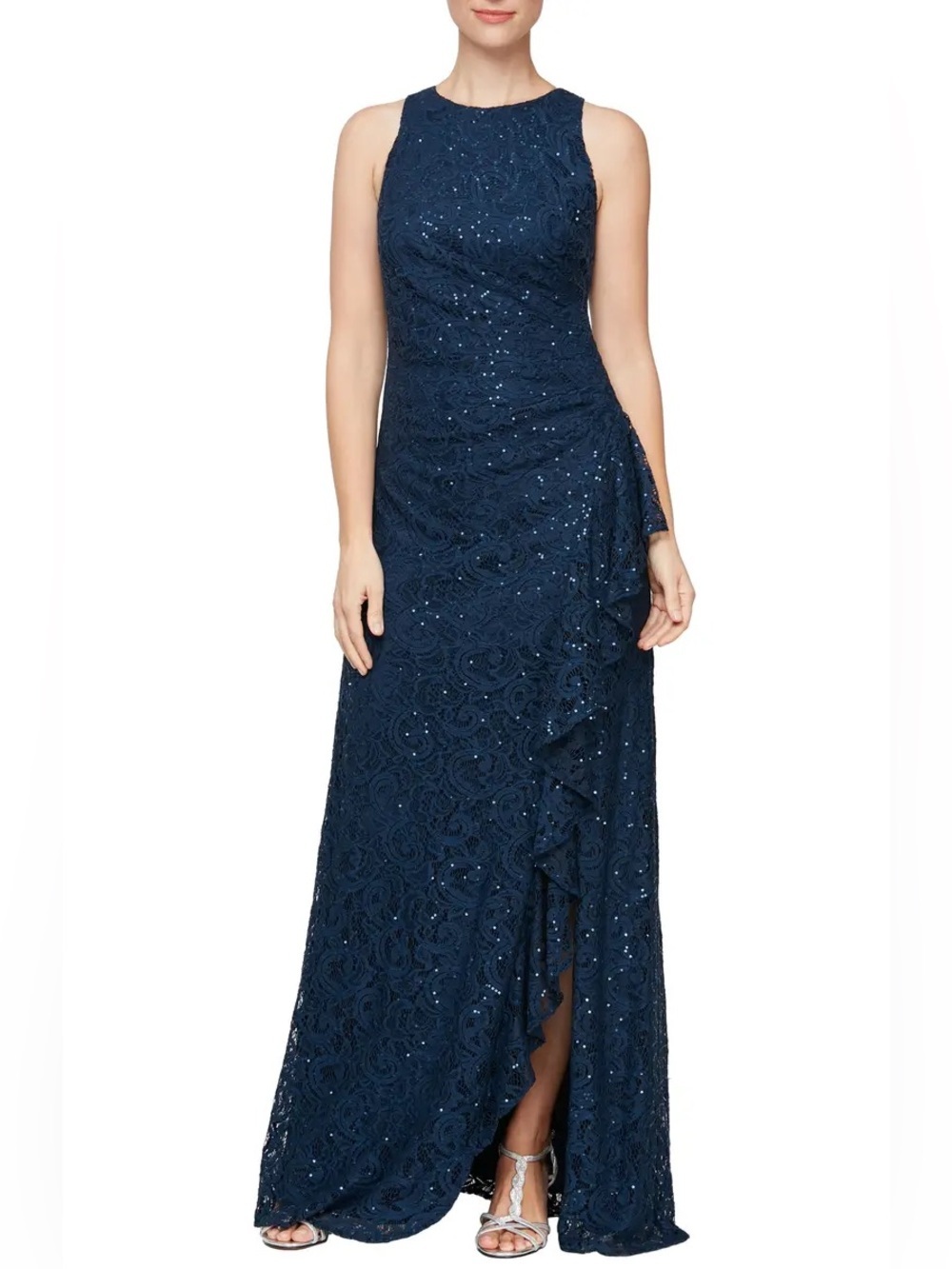 NWT Alex Evenings Sequin Ruched Ruffle A-Line Gown Maxi Dress Navy Blue Size 6